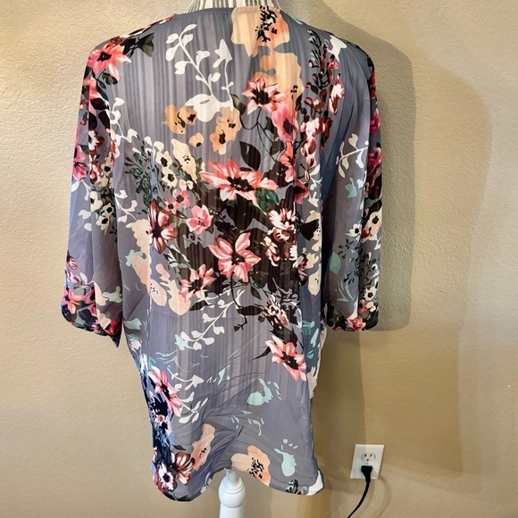 Open Cardigan Blouse Large Grey Floral Pink Gold Peach Sheer Mandarin - Picture 8 of 14